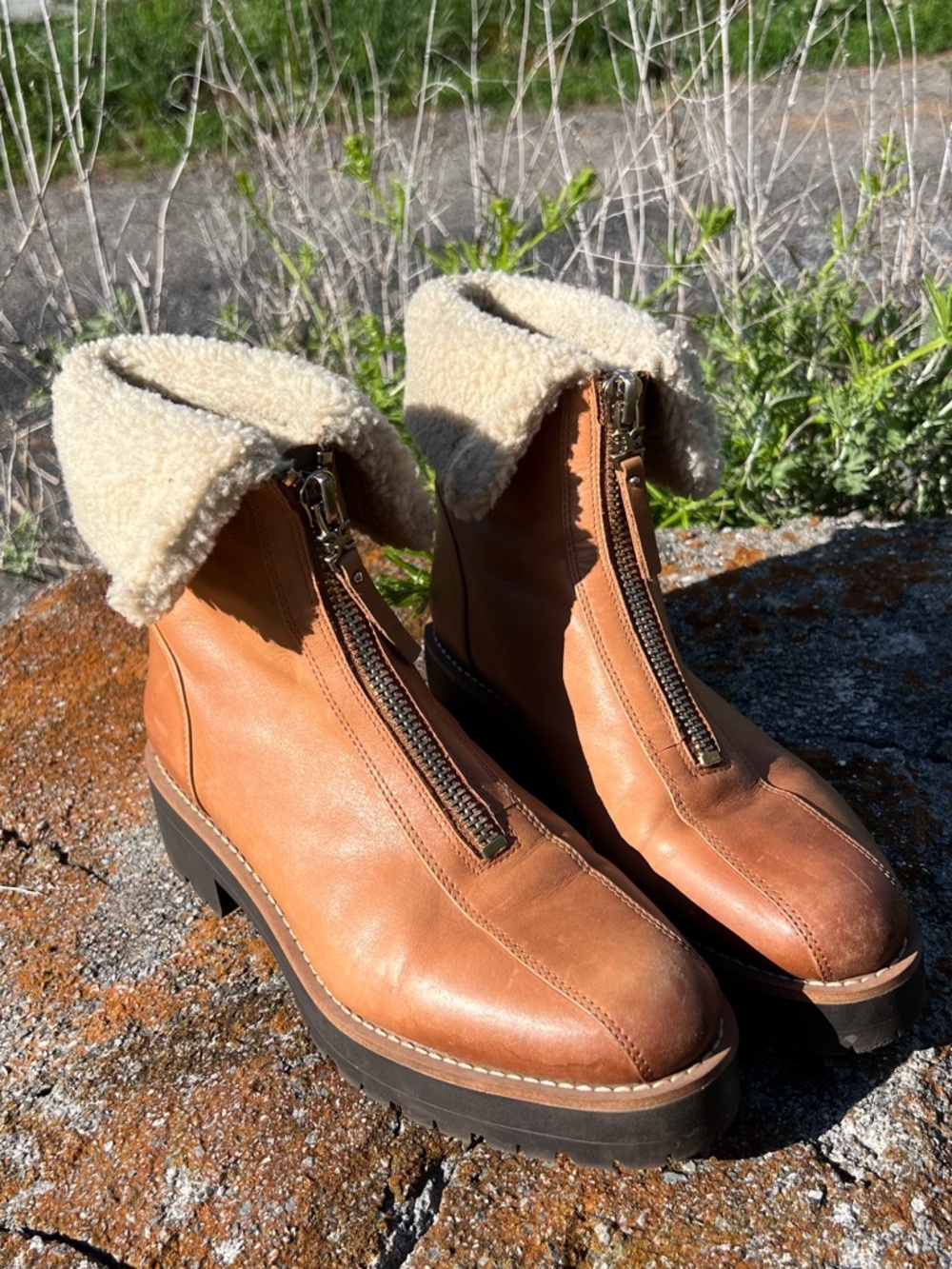 Sam Edelman Tan Leather Shearling-Trim Zip Ankle Boots